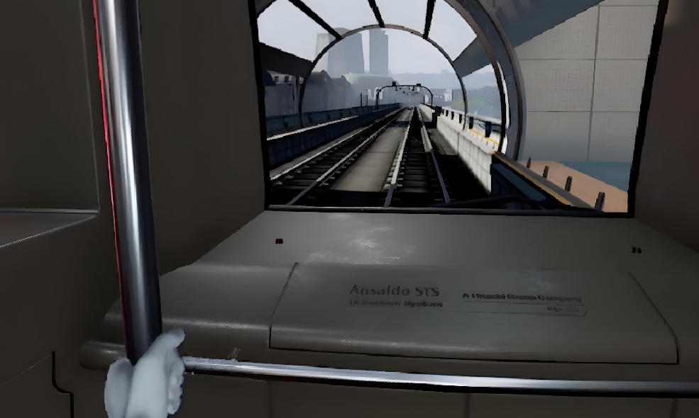 View of the tracks from inside a subway car in the "Ansaldo Driverless System" VR experience