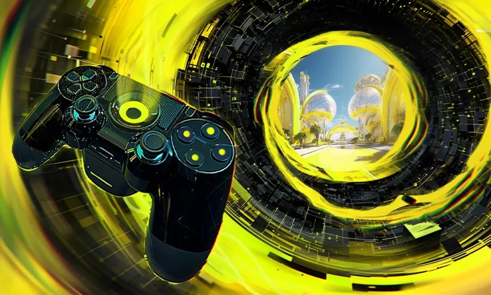 A yellow vortex born from a joystick gives life to a portal